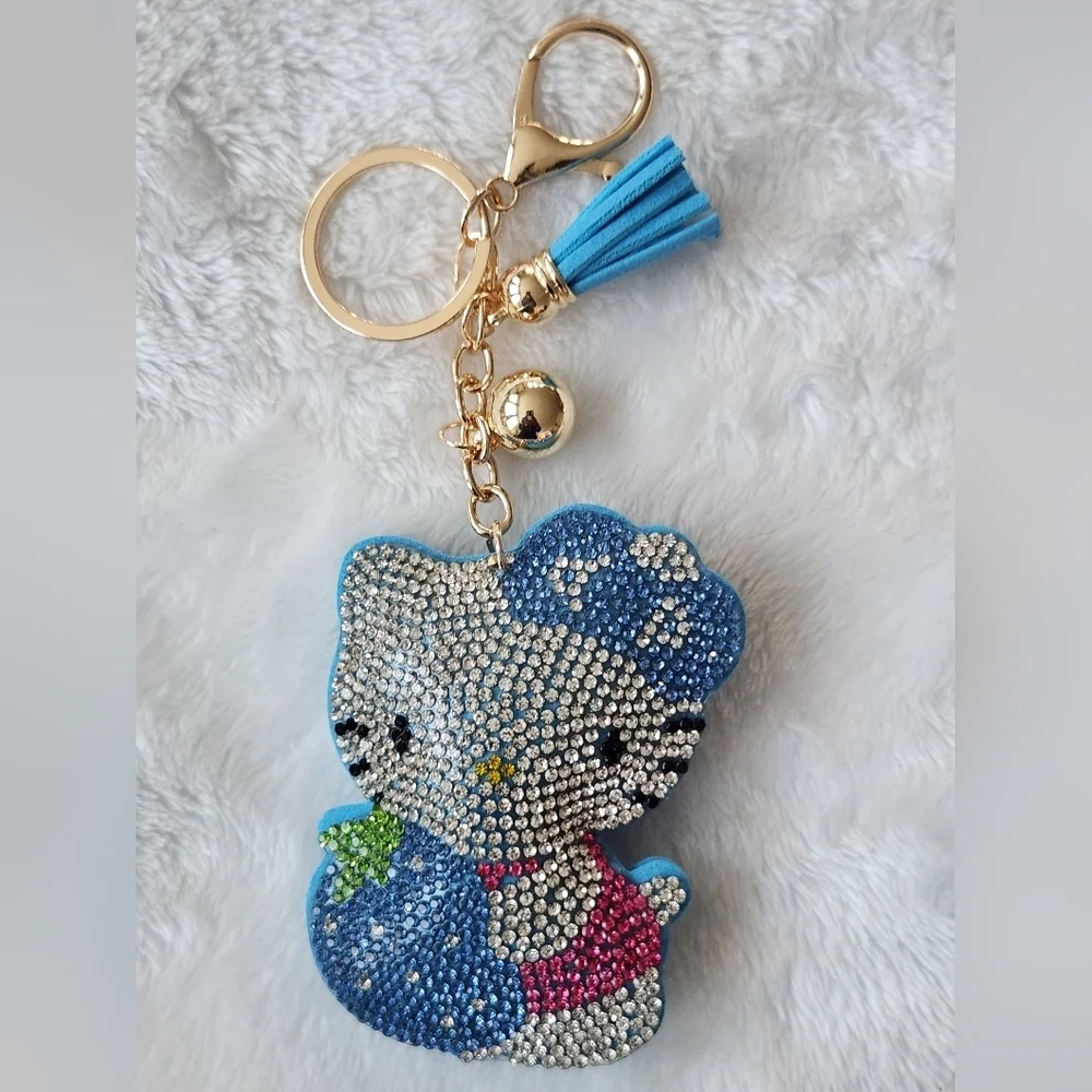 Hello Kitty Cute Rhinestone Cat With Blue Berry Keychain Bag Charm